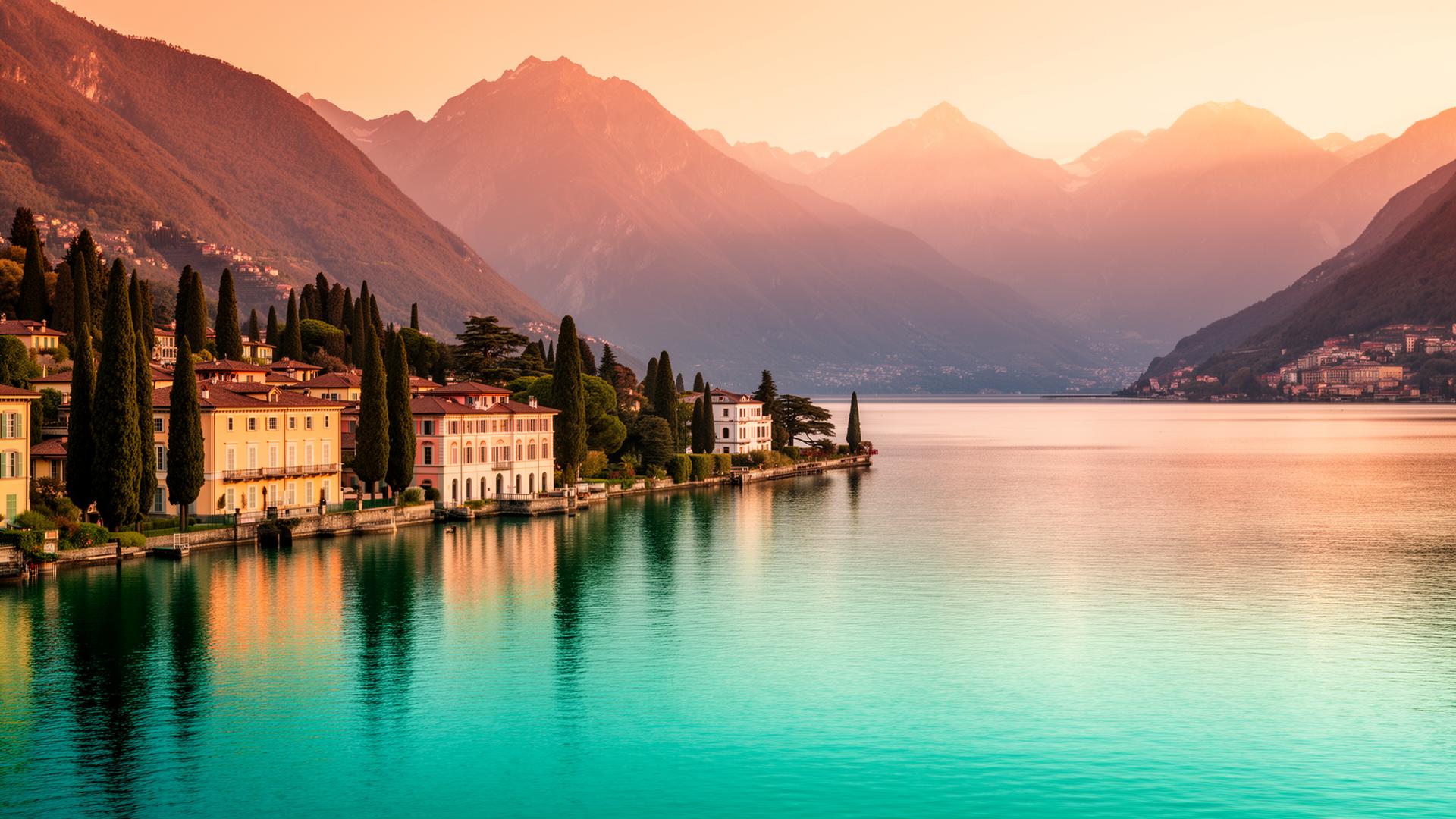 Sunset over Lake Como with mountains and lakeside villas